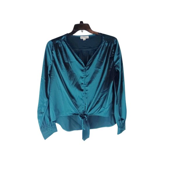 Newbury Kustom Womens Green Teal Long Sleeve Satin Feel Polyester Blend V Neck M - Picture 1 of 10